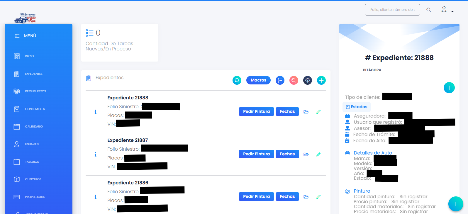 CTIASP admin dashboard showing customer vehicle records