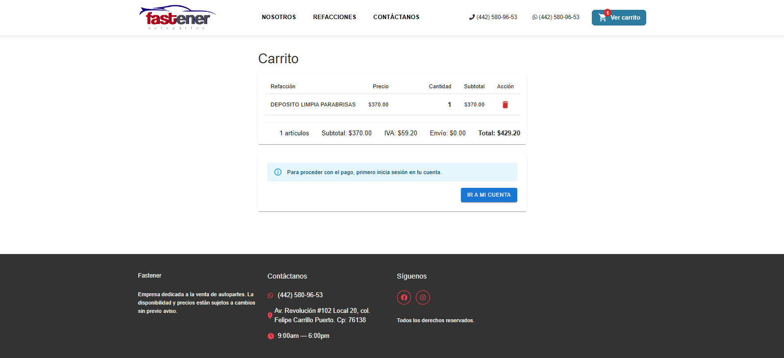 Fastener Autopartes checkout and role-based pricing