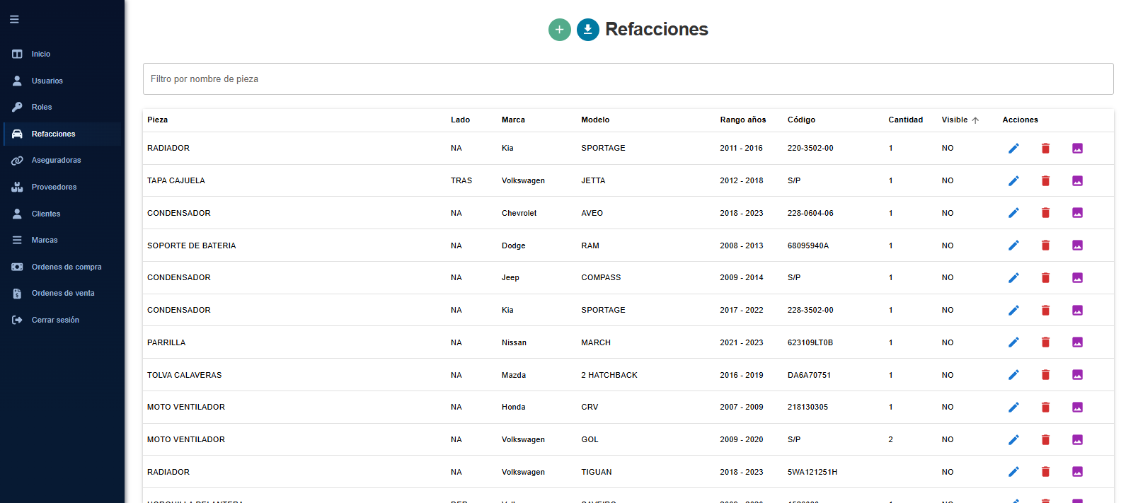 Fastener Autopartes order tracking screen