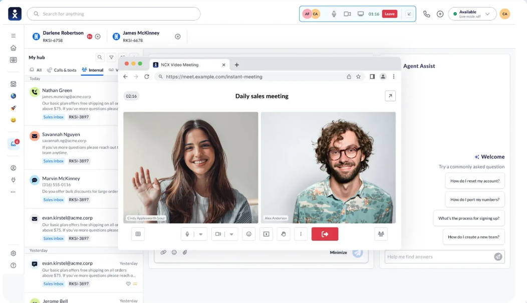 NCX agent hub with video meeting and AI assist panel
