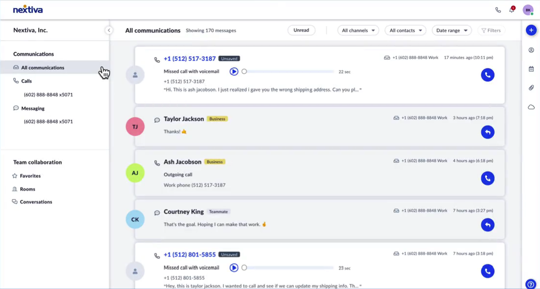 NextivaONE unified inbox with calls, messages and email