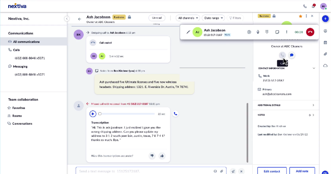 NextivaONE call detail with transcription and contact notes